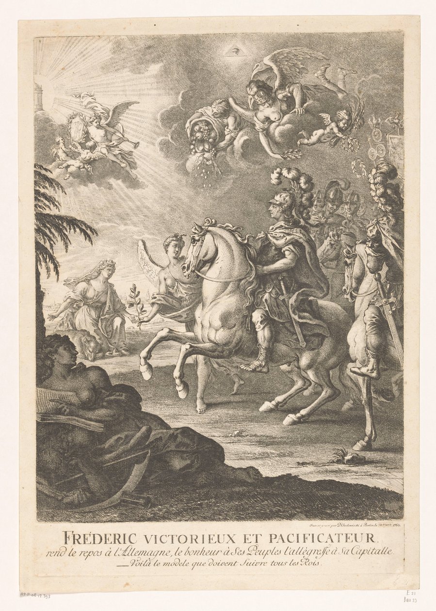 Allegorisk fremstilling med Frederik den Store til hest Fréderic victorieux et pacificateur (...) (titel på objekt) af Daniel Nikolaus Chodowiecki