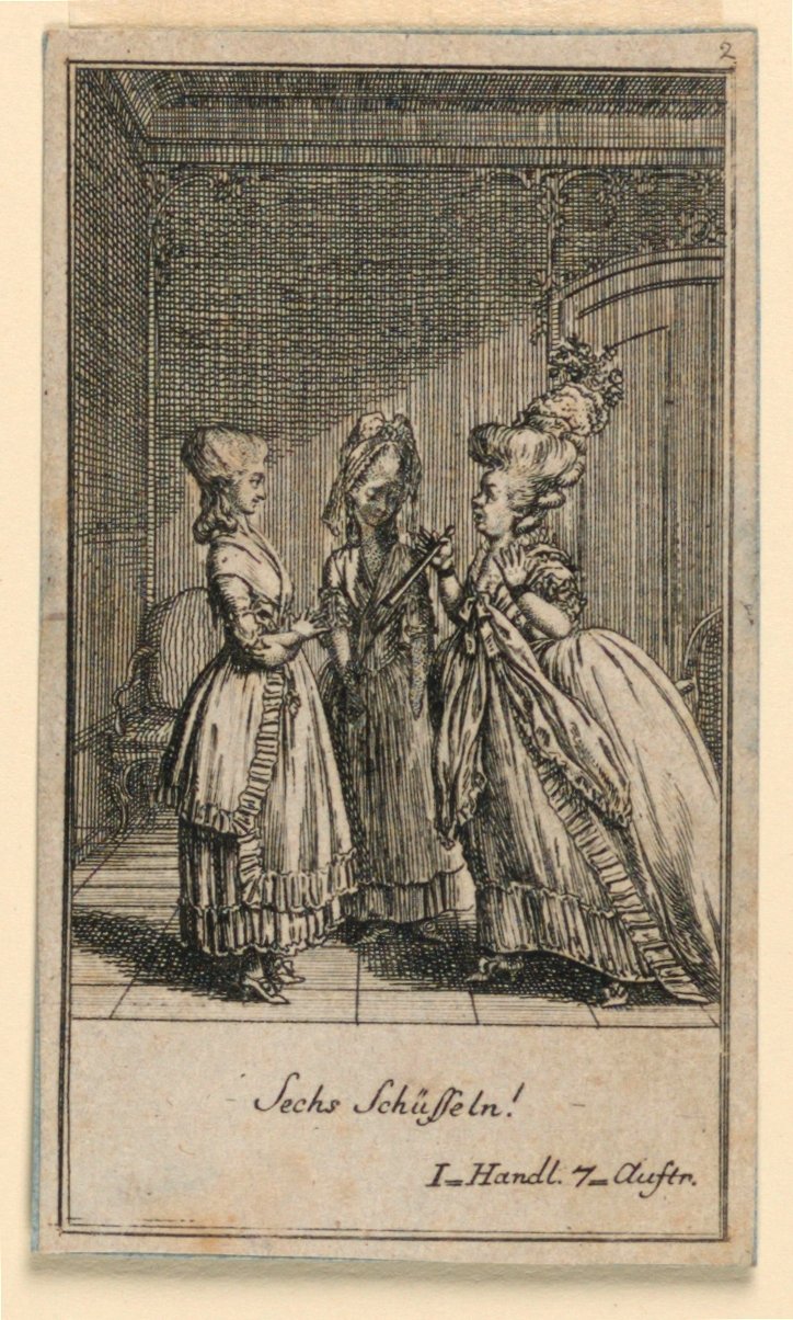 En ældre kvinde, der skælder ud på en pige, illustration af skuespillet "Not more than sachs Schuesseln" af Fredrich Wilhelm Grossman i "Königl: Grosbrit [anian] genealogical calendar for the 1782 year Lauenberg by J.G. Berenberg" af Daniel Nikolaus Chodowiecki