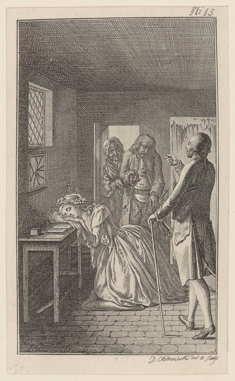 Under sit besøg i fængslet finder Belford Clarisse i fangehullet hos håndlangeren Rowland af Daniel Nikolaus Chodowiecki