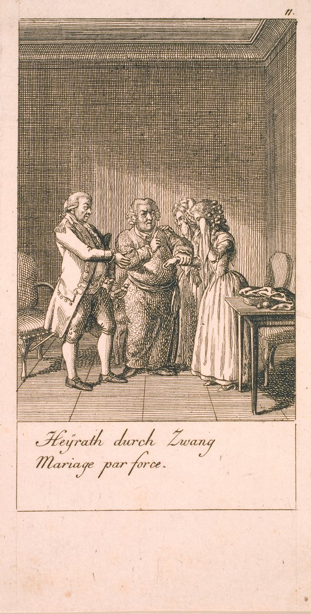 Bevæggrunde til giftermål og deres følger. Bl. 7 af Daniel Nikolaus Chodowiecki