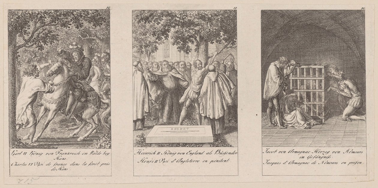 Blad 10-12 i serien «Middelalderens historie» af Daniel Nikolaus Chodowiecki