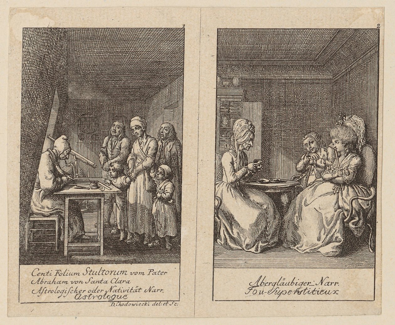 Ark 1 og 2 til *Centifolium Stultorum*, *Narreheiten* af Daniel Nikolaus Chodowiecki