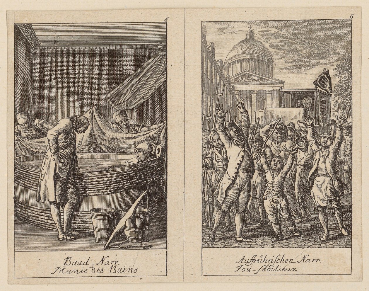 Side 5 og 6 i *Centifolium Stultorum*, *Narreheiten* af Daniel Nikolaus Chodowiecki