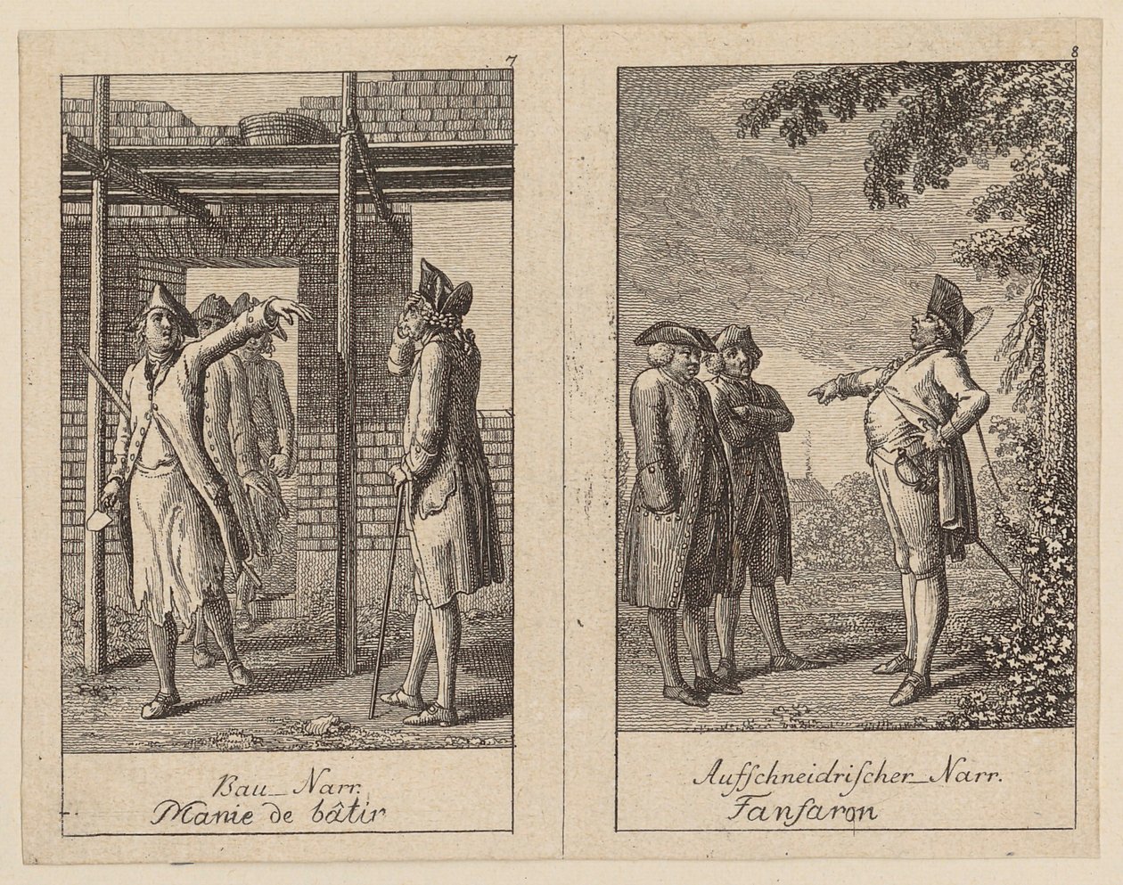 Side 7 og 8 i *Centifolium Stultorum*, *Narreheiten* af Daniel Nikolaus Chodowiecki
