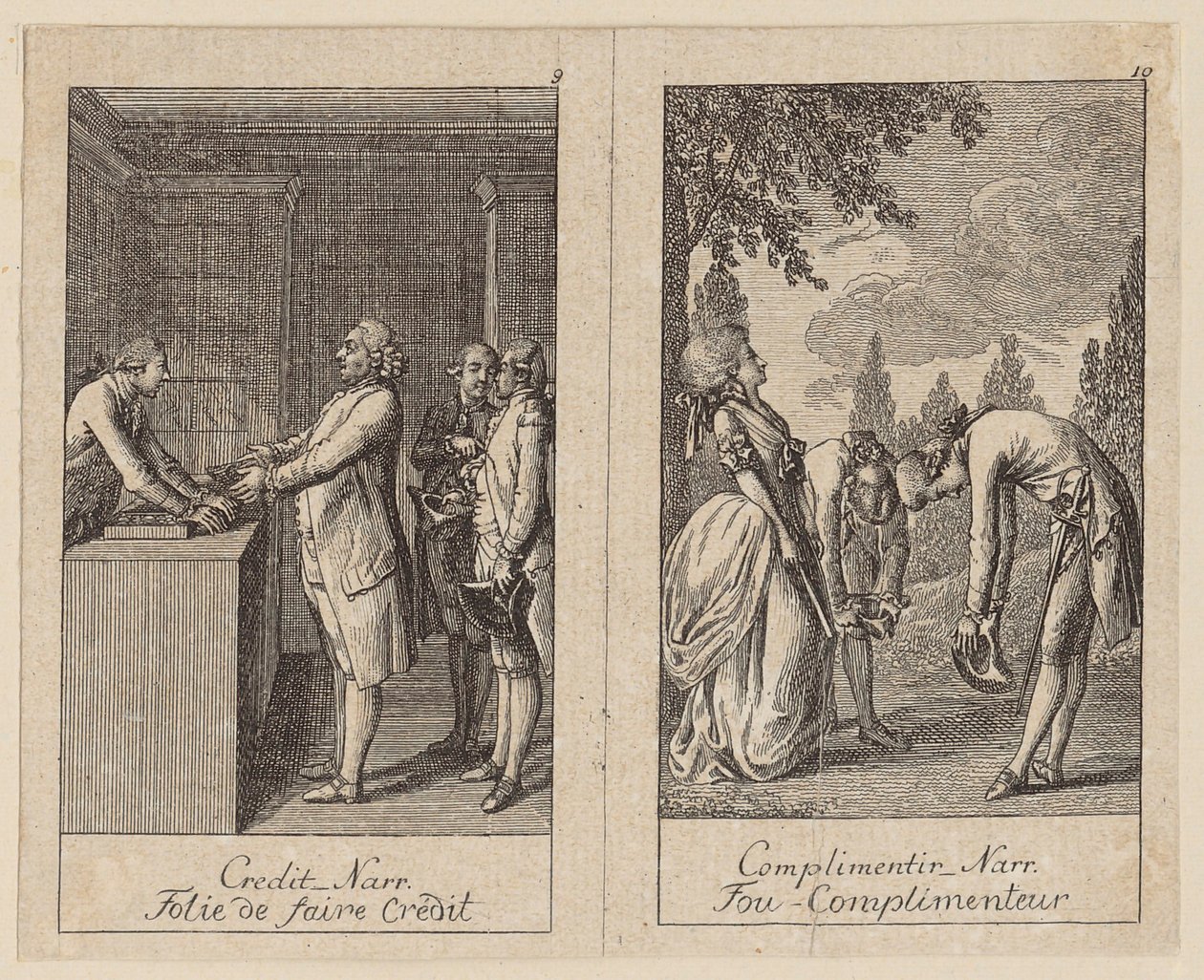 Side 9 og 10 i *Centifolium Stultorum*, *Narreheiten* af Daniel Nikolaus Chodowiecki