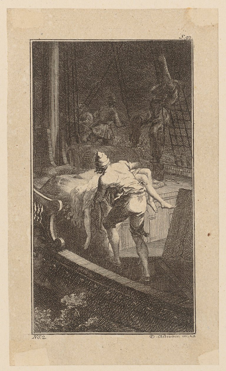 Bunkel bærer Miss Melmoth fra den oversvømmede kahyt op på dækket, blad 2 fra «Johann Bunkels liv, bemærkninger og meninger» af Daniel Nikolaus Chodowiecki