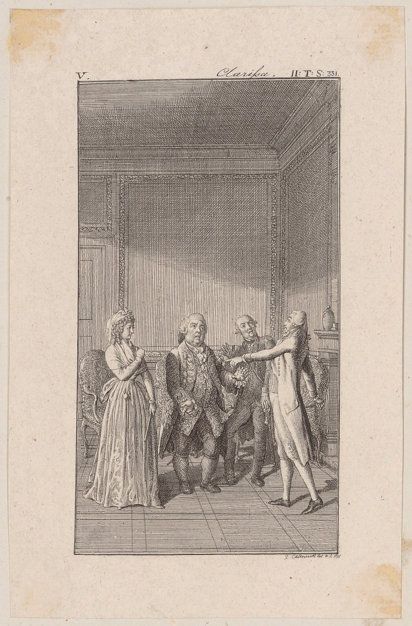 Clarisse, hendes onkel Anton, hendes bror Jacob og Solmes i en samtale af Daniel Nikolaus Chodowiecki