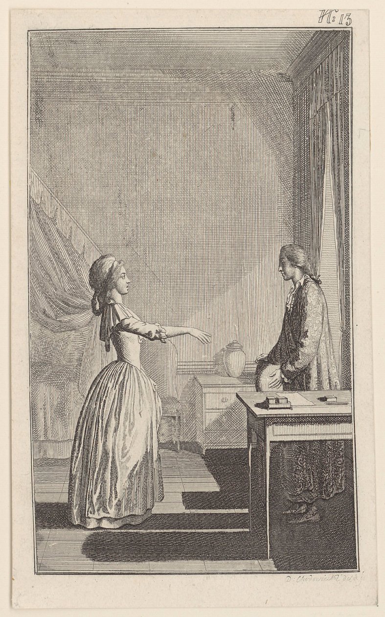 Clarisse beskylder Lovelace for at have gjort hende sårbar, vanæret hende og berøvet hende al ro og dyd af Daniel Nikolaus Chodowiecki