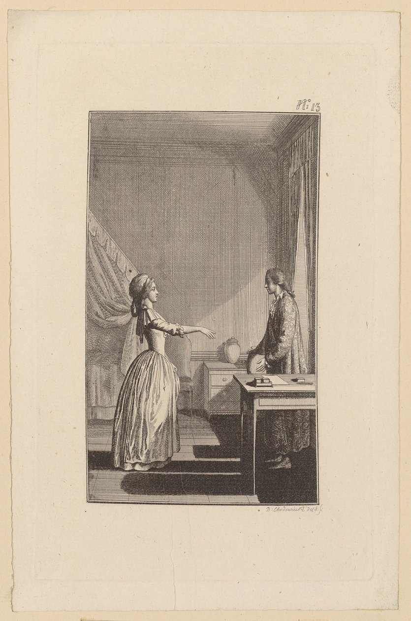 Clarisse beskylder Lovelace for at have gjort hende sårbar, vanæret hende og berøvet hende al ro og dyd af Daniel Nikolaus Chodowiecki