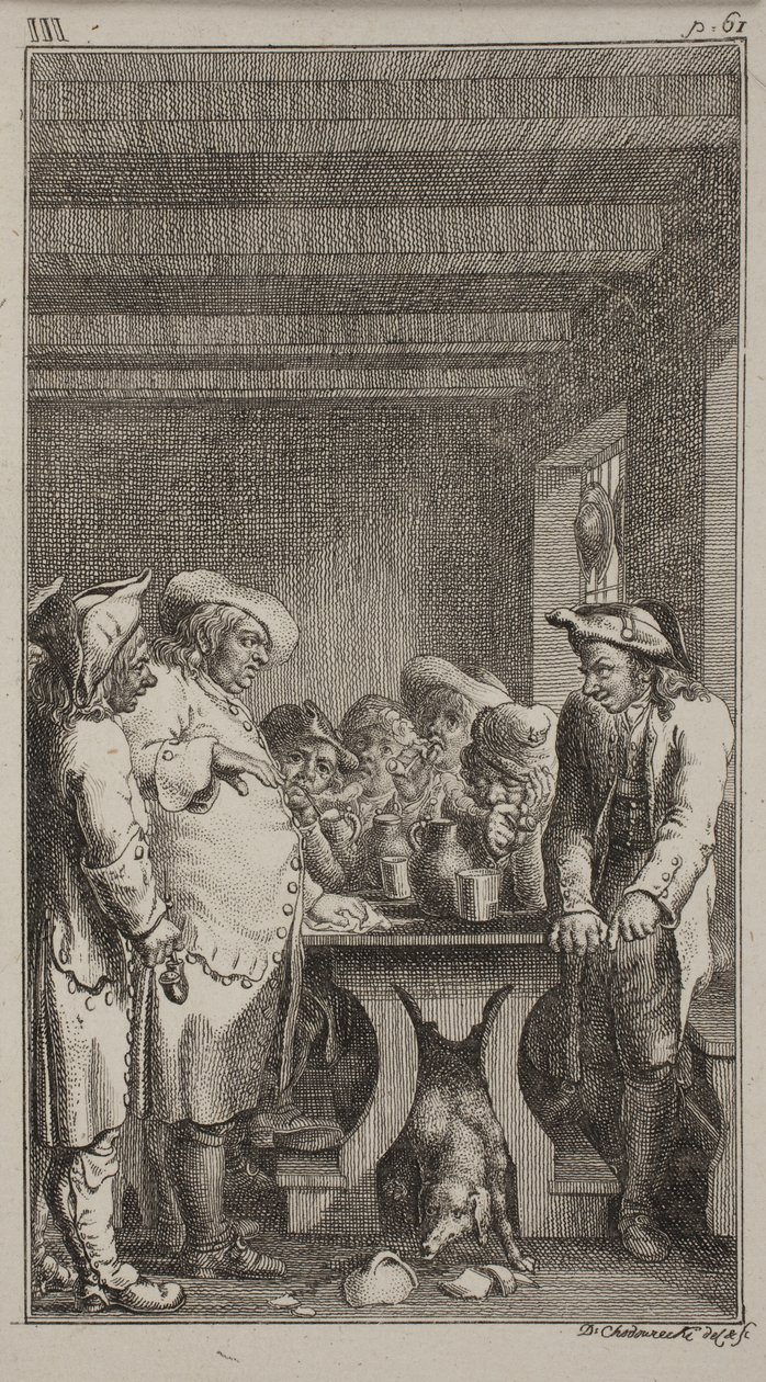 Scheerers hund slikker det farvede vand fra et ødelagt kar under bordet, omkring hvilket 4 bønder sidder og 3 står og ryger og drikker tobak. ob. III, s. 61 af Daniel Nikolaus Chodowiecki