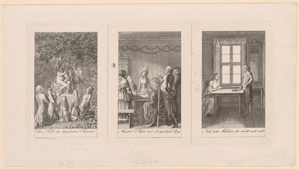 Tre blade til Ehrenbergs "Lommebog [...] for 1795" af Daniel Nikolaus Chodowiecki