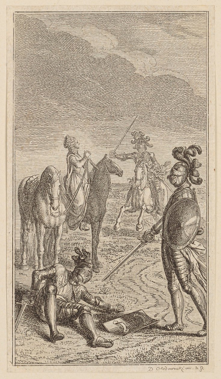 Bortførelse eller ridder Karl von Eichenhorst og frøken Gertrude von Hochburg, blad fra første udgave af "Digte af Gottfried August Bürger" af Daniel Nikolaus Chodowiecki