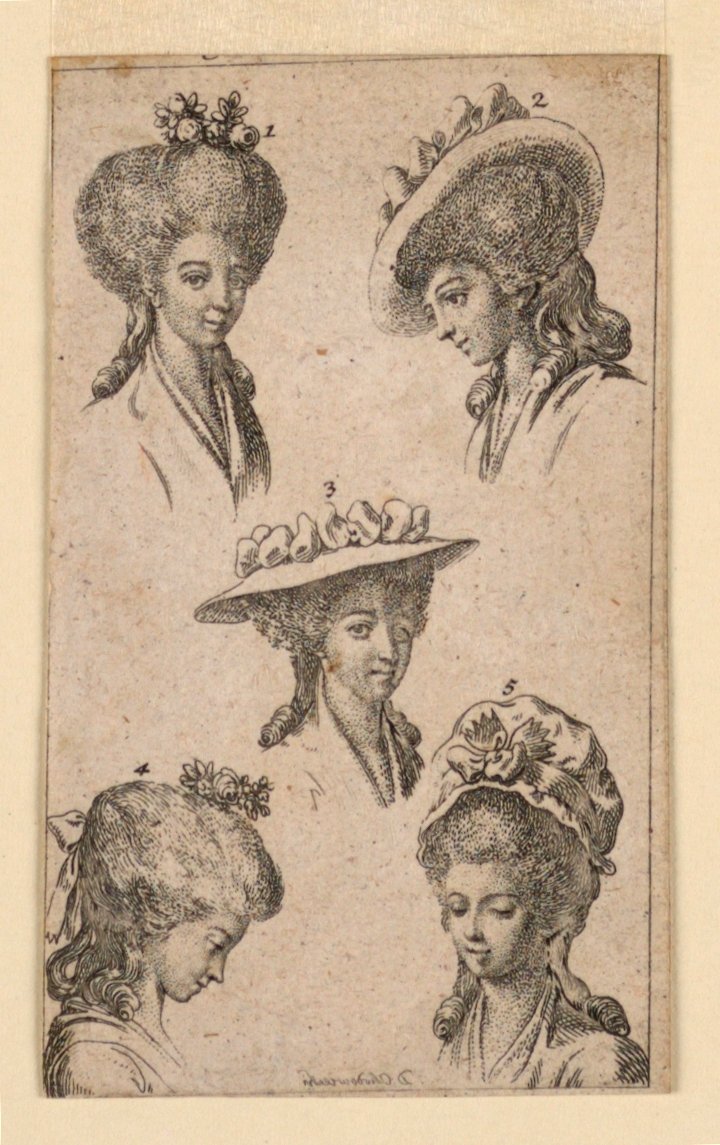 Fem hovedbeklædning, som båret af Berlin Women, illustration til "Königl: Grosbrit [Anische] Genealogisk kalender på 1783 -året Lauenberg Bey J.G. Berenberg" af Daniel Nikolaus Chodowiecki