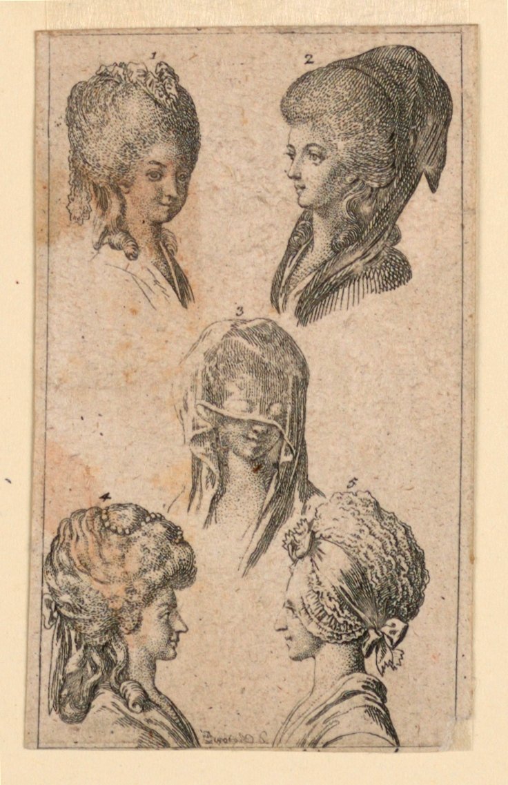 Five Headbears, as Worn by Berlin Women, Illustration for "Königl: Grosbrit [anian] genealogical calendar for the 1782 year Lauenberg by J.G. Berenberg" af Daniel Nikolaus Chodowiecki
