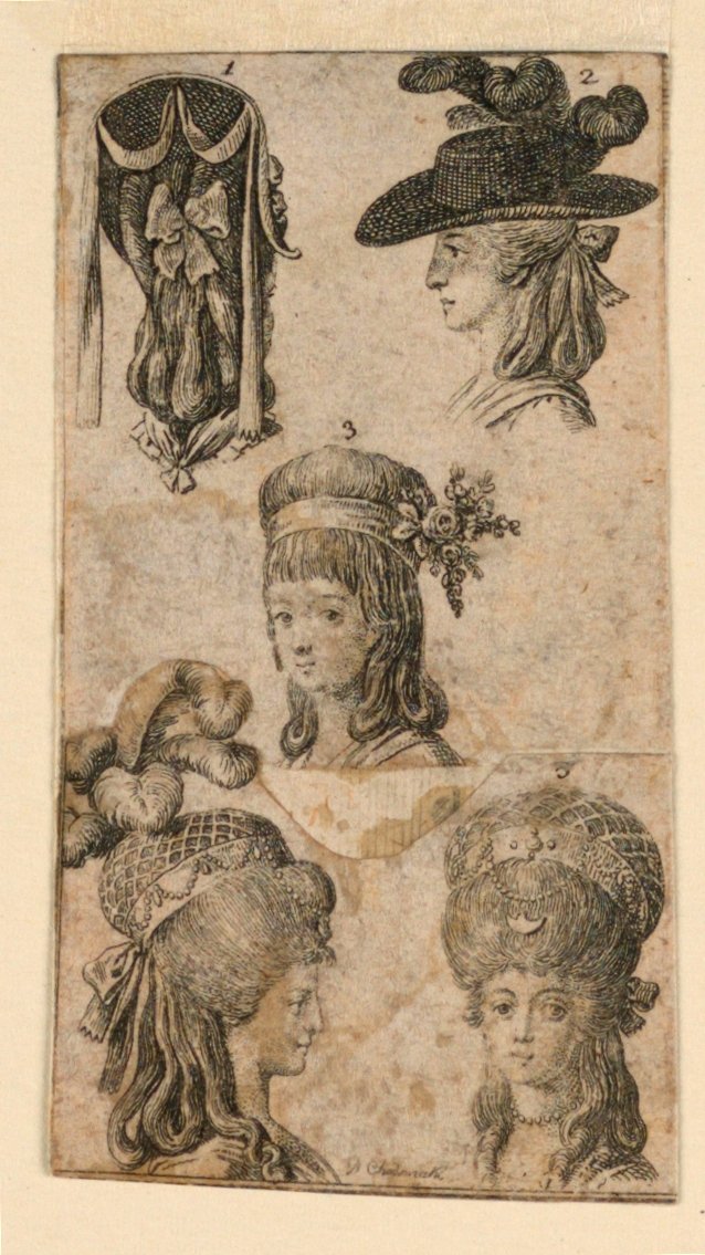 Fem hovedbeklædninger til kvinder, to fragmenter af illustrationer til "Königl: Grosbrit [anian] genealogisk kalender for 1781-året Lauenberg af J.G. Berenberg" af Daniel Nikolaus Chodowiecki