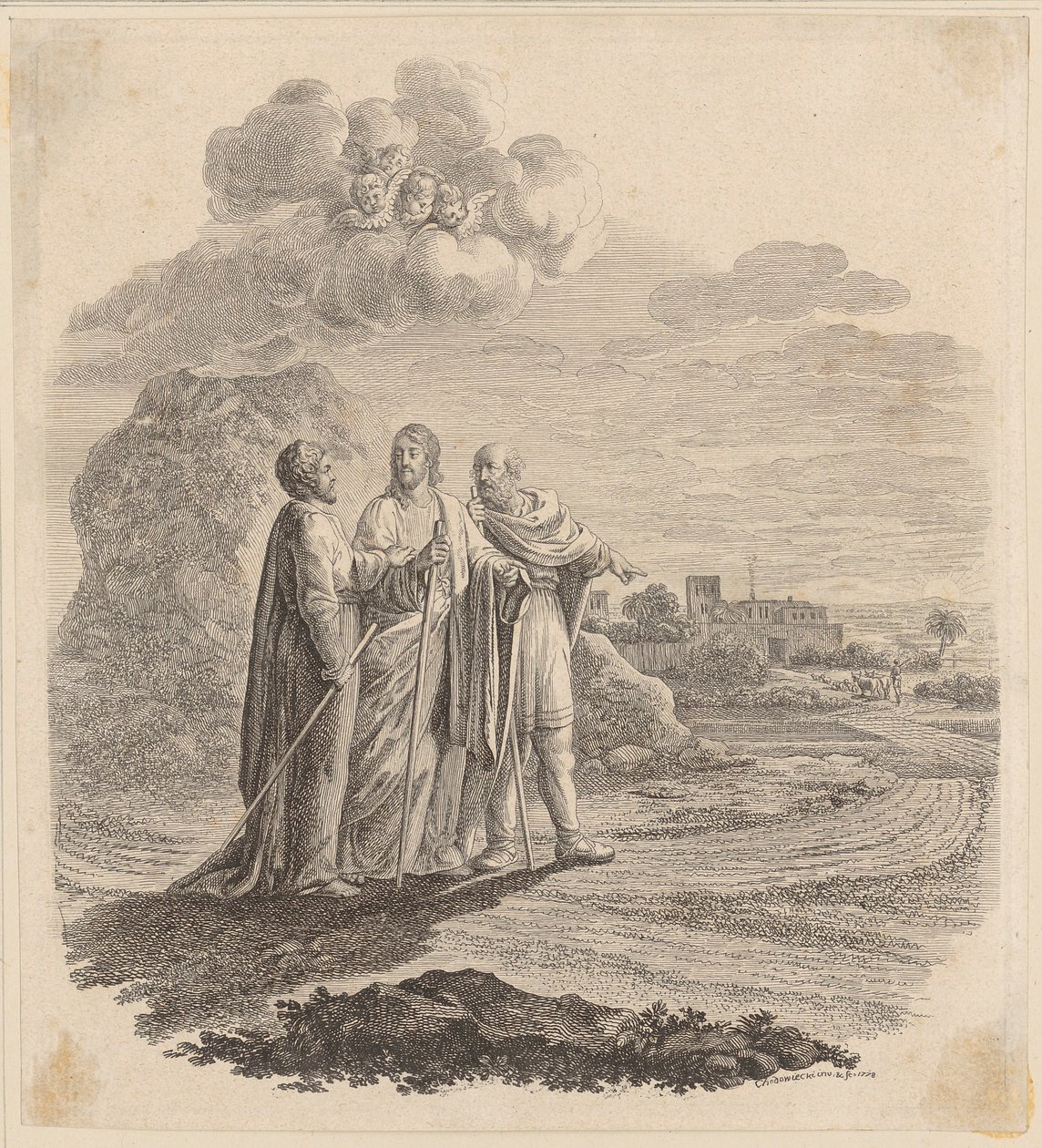Disciplen på vej til Emmaus. Første side af Daniel Nikolaus Chodowiecki