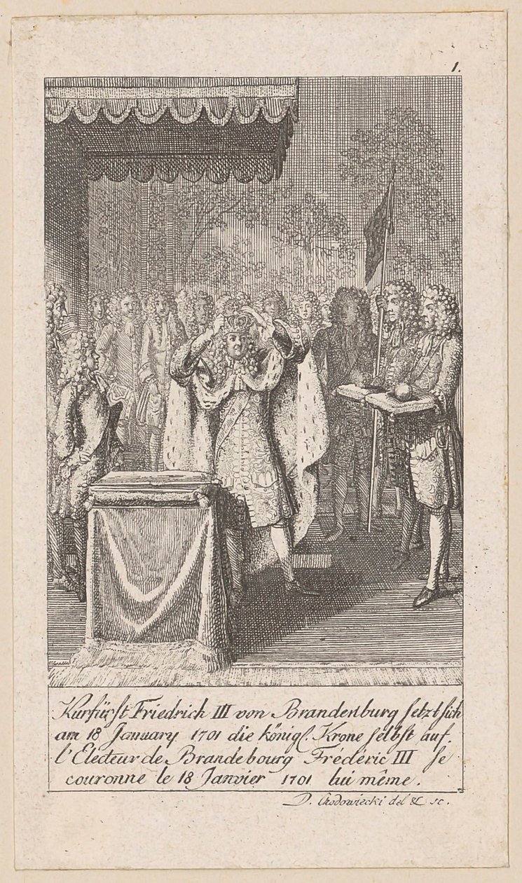 Kurfyrst Frederik 3. af Brandenburg kroner sig selv, blad 1 i serien «Ældre, mellemste og nyere historie» af Daniel Nikolaus Chodowiecki