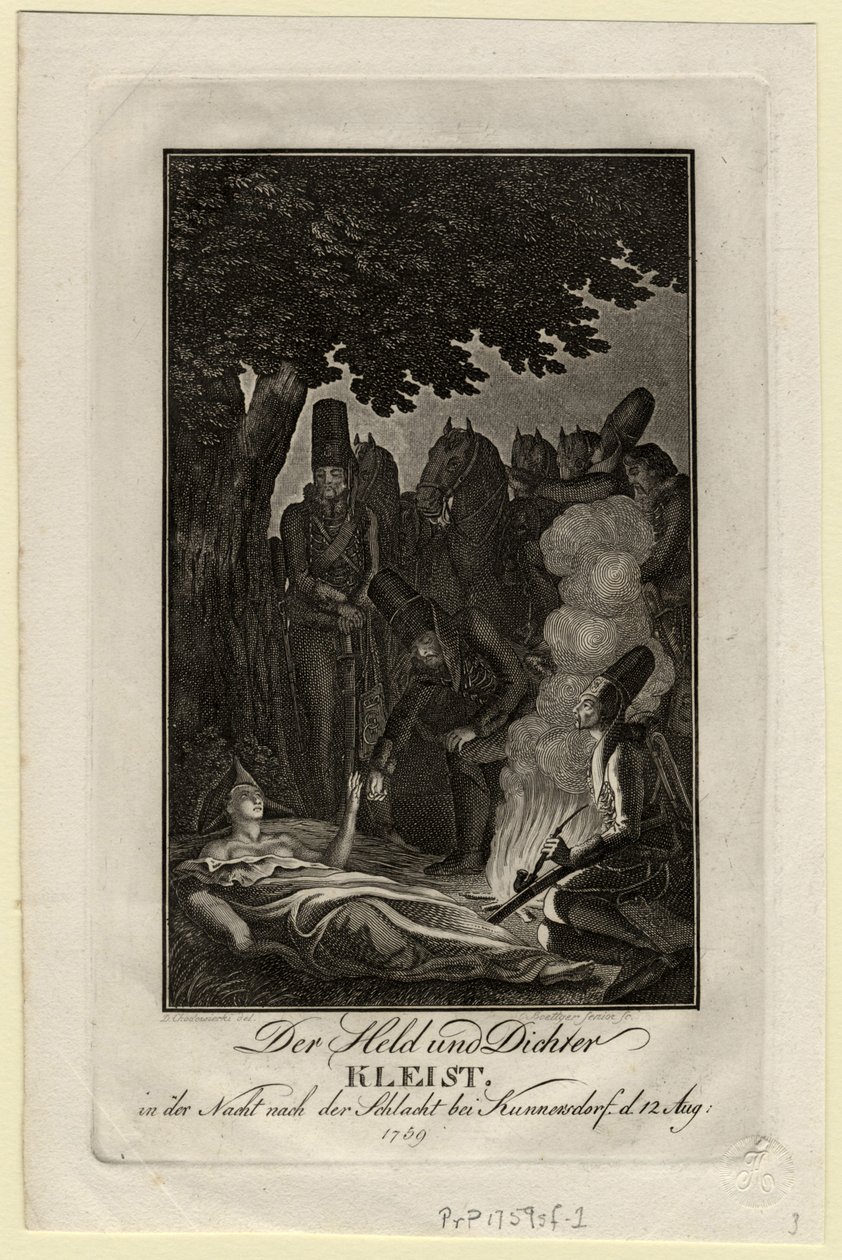 Digteren Ewald von Kleist ved slaget ved Kunersdorf, den 12. august 1759, ca 1759 af Daniel Nikolaus Chodowiecki