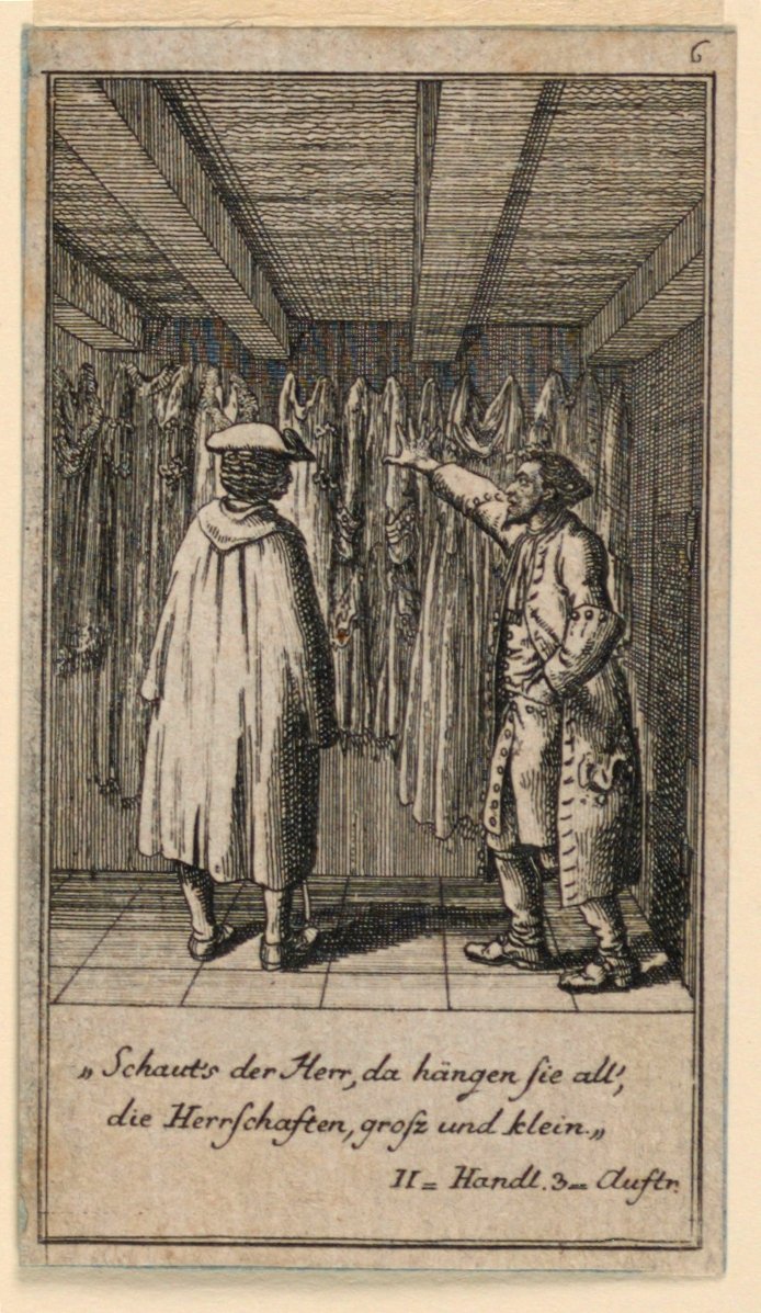 Kostumehandleren, illustration af skuespillet "Not more than sachs Schuesseln" af Fredrich Wilhelm Grossman i "Königl: Grosbrit [anian] genealogical calendar for the 1782 year Lauenberg by J.G. Berenberg" af Daniel Nikolaus Chodowiecki