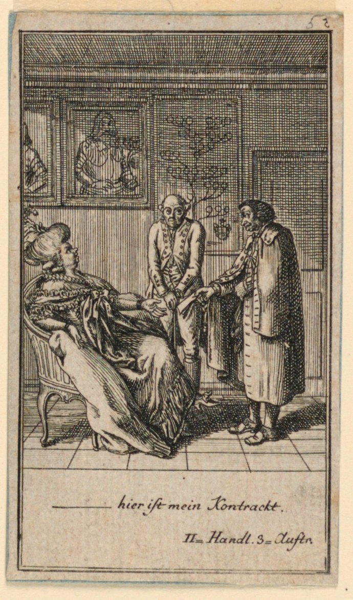 Den ældre kvinde hyrer en mand, illustration af skuespillet "Not more than sachs Schuesseln" af Fredrich Wilhelm Grossman i "Königl: Grosbrit [anian] genealogical calendar for the 1782 year Lauenberg by J.G. Berenberg" af Daniel Nikolaus Chodowiecki