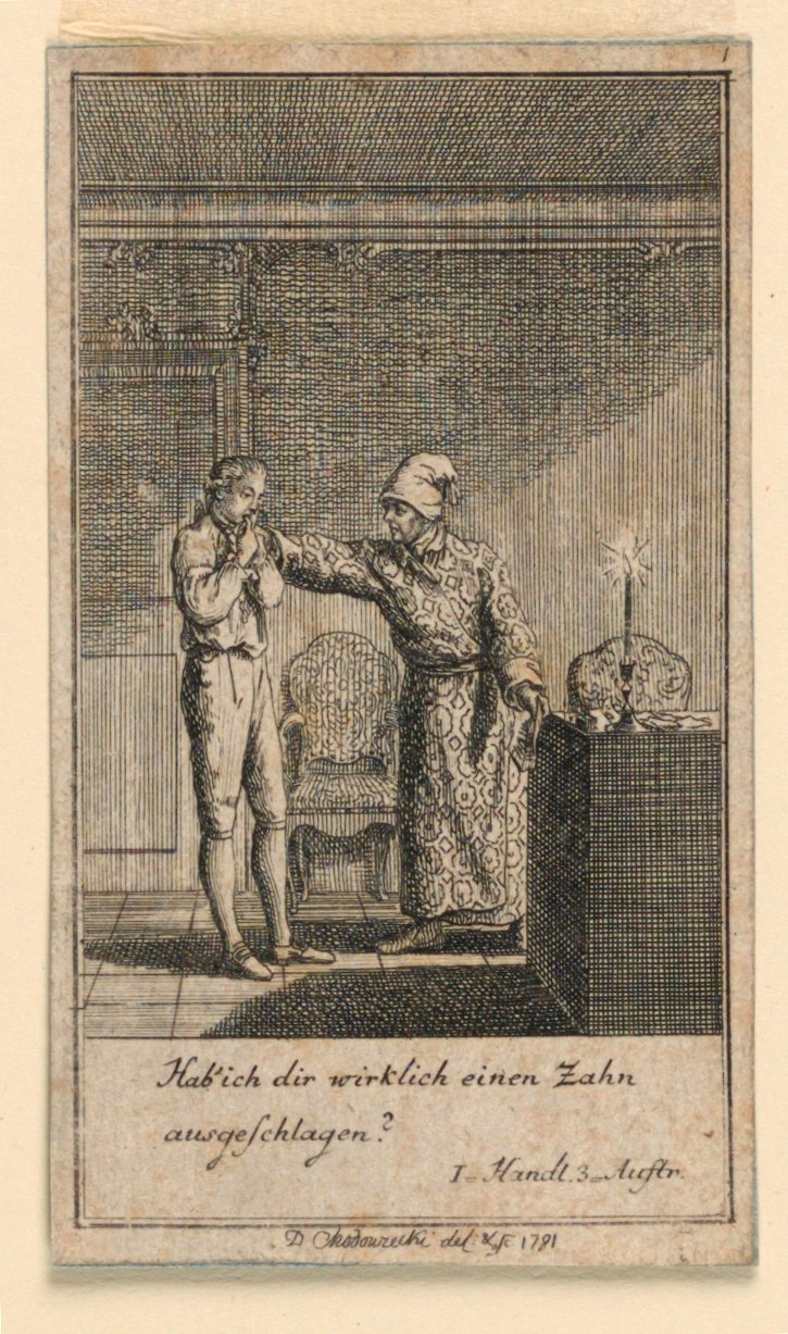 The Slap in the Face, Illustration af Skuespillet "Not more than sachs Schuesseln" af Fredrich Wilhelm Grossman i "Königl: Grosbrit [anian] genealogical calendar for the 1782 year Lauenberg by J.G. Berenberg" af Daniel Nikolaus Chodowiecki