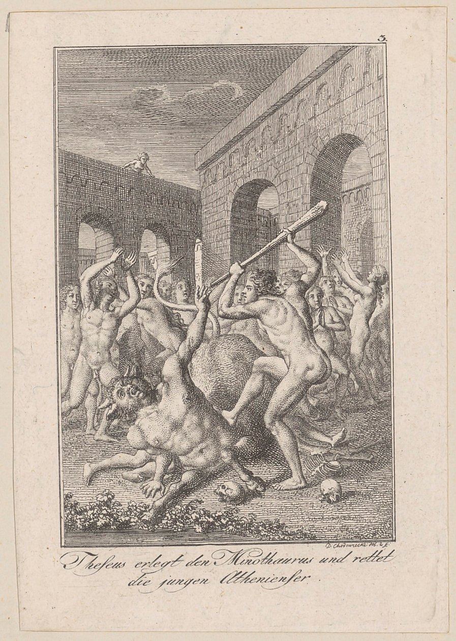 Theseus dræber Minotauros og redder de unge athenere, blad 3 til Beckers "Theseus" af Daniel Nikolaus Chodowiecki