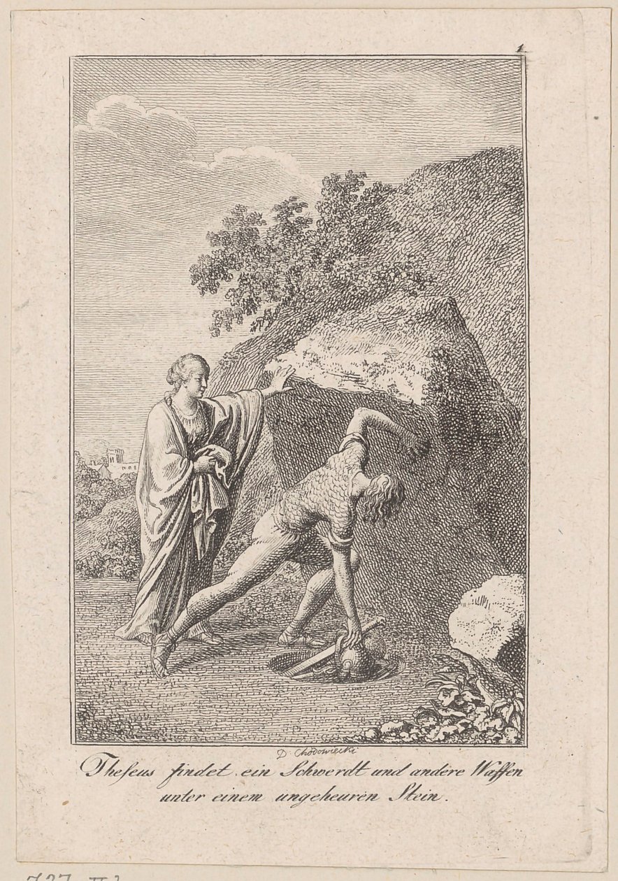Theseus finder et sværd og andre våben under en sten, blad 1 til Beckers "Theseus" af Daniel Nikolaus Chodowiecki