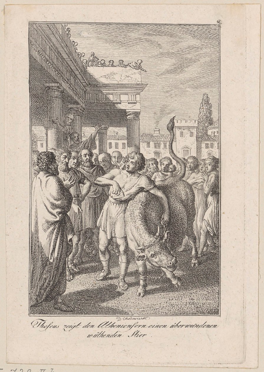 Theseus viser athenerne en overvundet rasende tyr, blad 2 til Beckers «Theseus» af Daniel Nikolaus Chodowiecki