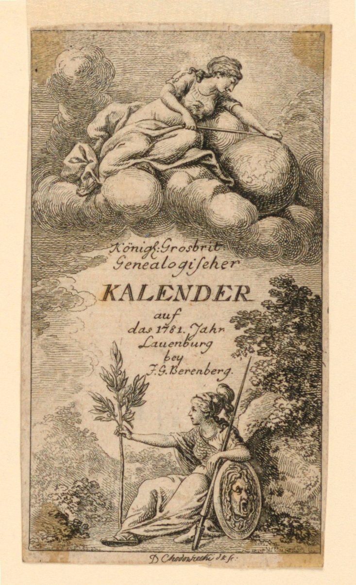 Titelside for "Königl: Grosbrit [anian] genealogisk kalender for 1781-året Lauenberg af J.G. Berenberg" af Daniel Nikolaus Chodowiecki