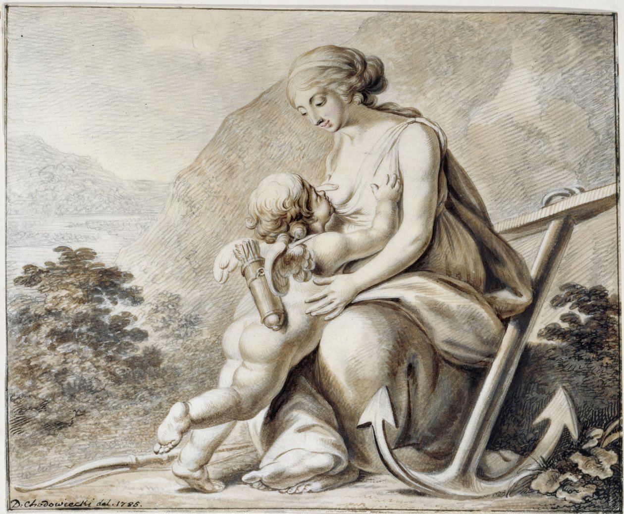 Venus, der rækker sit bryst til Amor, som står til venstre for hende af Daniel Nikolaus Chodowiecki