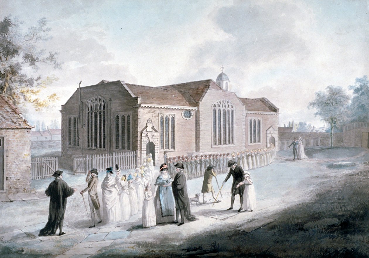 En procession af skolebørn, der går ind i Broadway Chapel, Westminster, London, 1797 af Daniel Orme
