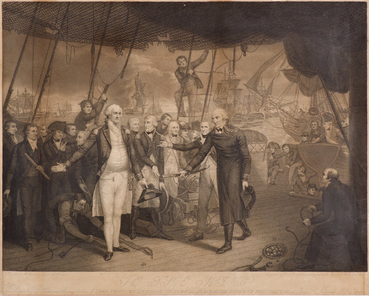 Lord Viscount Duncans sejr og admiral De Winters resignation om bord på den ærværdige, oktober 1797 (stikling) af Daniel Orme