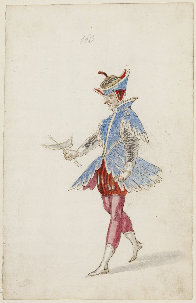Mandsfigur i blåt og rødt kostume fra Ballet des quatre saisons de lAnnee, 1626 (brunt blæk, wc & metallisk maling over en undertegning af sort kridt på lagt papir) af Daniel Rabel