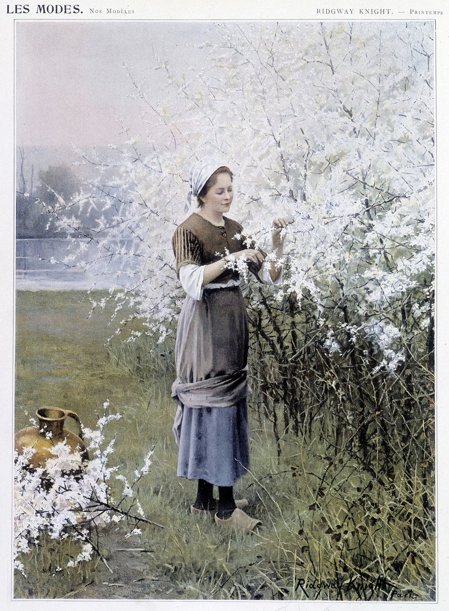 Forår: Kvinde samler blomster - ill. af R. Knight, ca. 1905 af Daniel Ridgway Knight