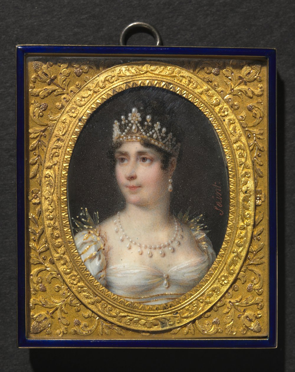 Portræt af Joséphine de Beauharnais, kejserinde af Frankrig, ca. 1806 (akvarel på elfenben i ramme af forgyldt metal og emalje) af Daniel Saint