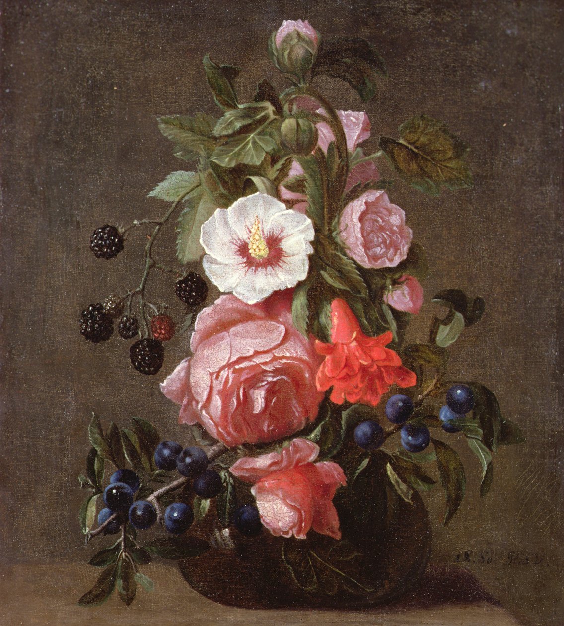 Et stilleben af blandede blomster og bær i en glasvase af Daniel Seghers