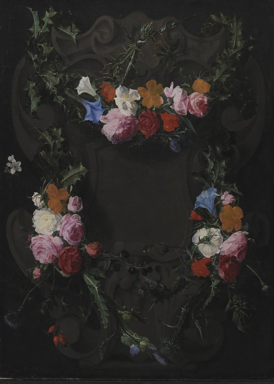 En stenkartouche med en blomsterkrans af Daniel Seghers