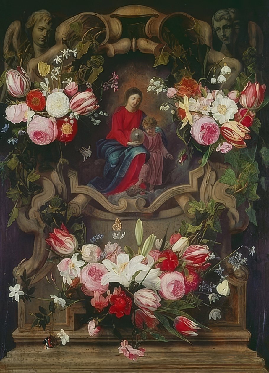 Blomsterkrans med Madonna og barn af Daniel Seghers