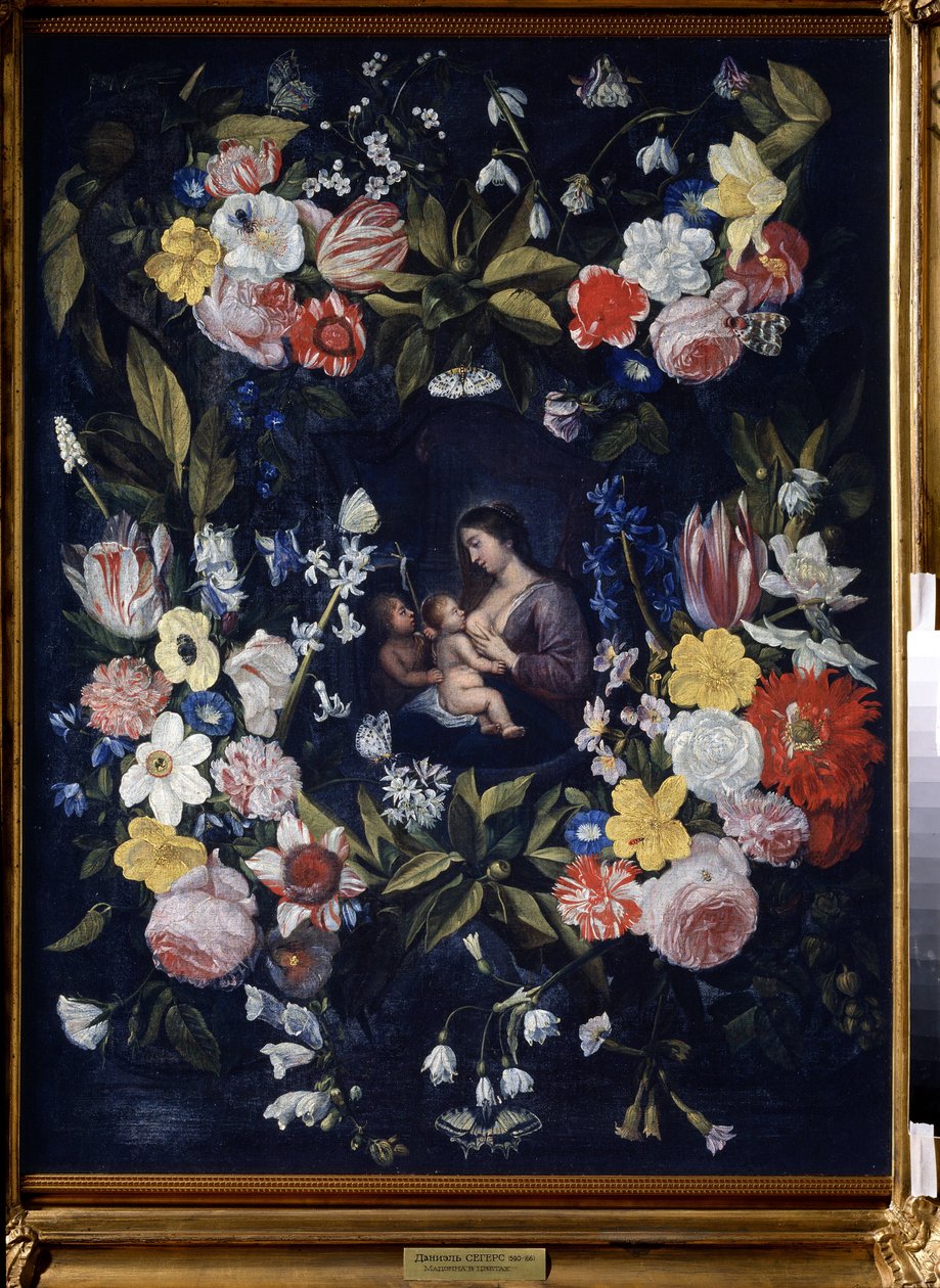 Krans af blomster med Madonna og barn (blomsterkrans med Madonna og barn). Maleri af Daniel Seghers (1590-1661). Olie på lærred, 82 x 64 cm. flamsk kunst, barokkunst. Statens kunstmuseum, Tula (eller Tolan). af Daniel Seghers