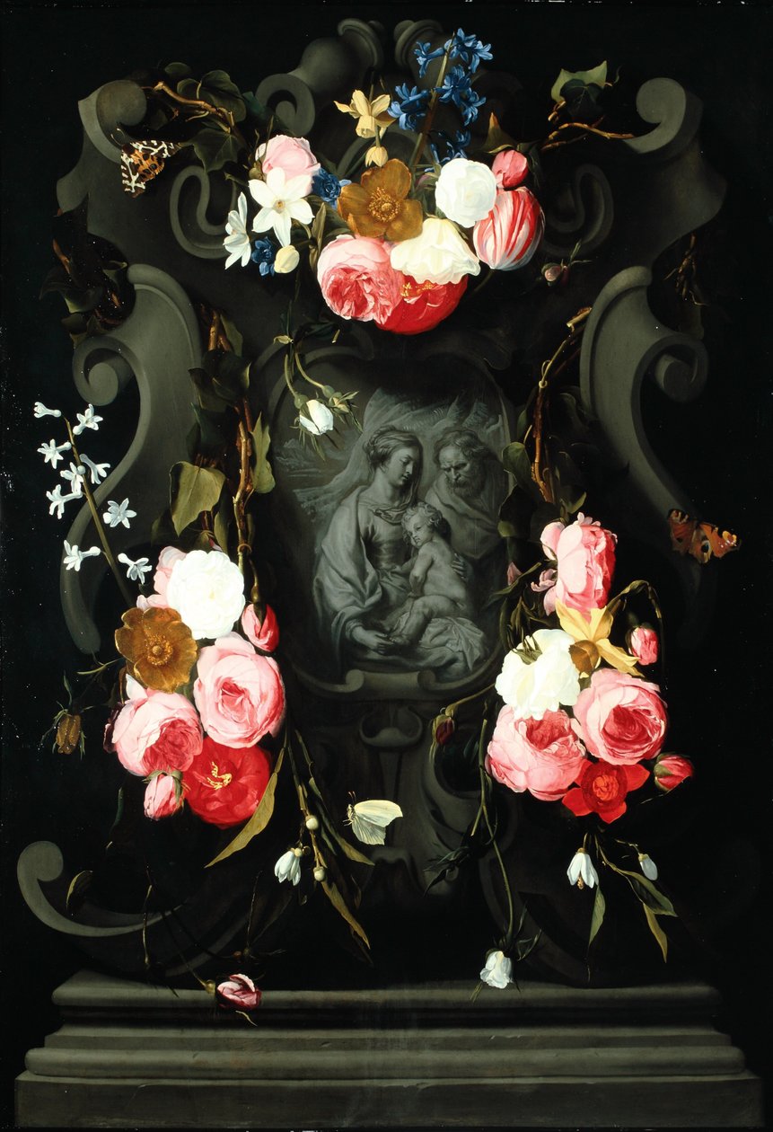 Blomsterkrans med den hellige familie, 1625-27 (olie på kobber) af Daniel Seghers