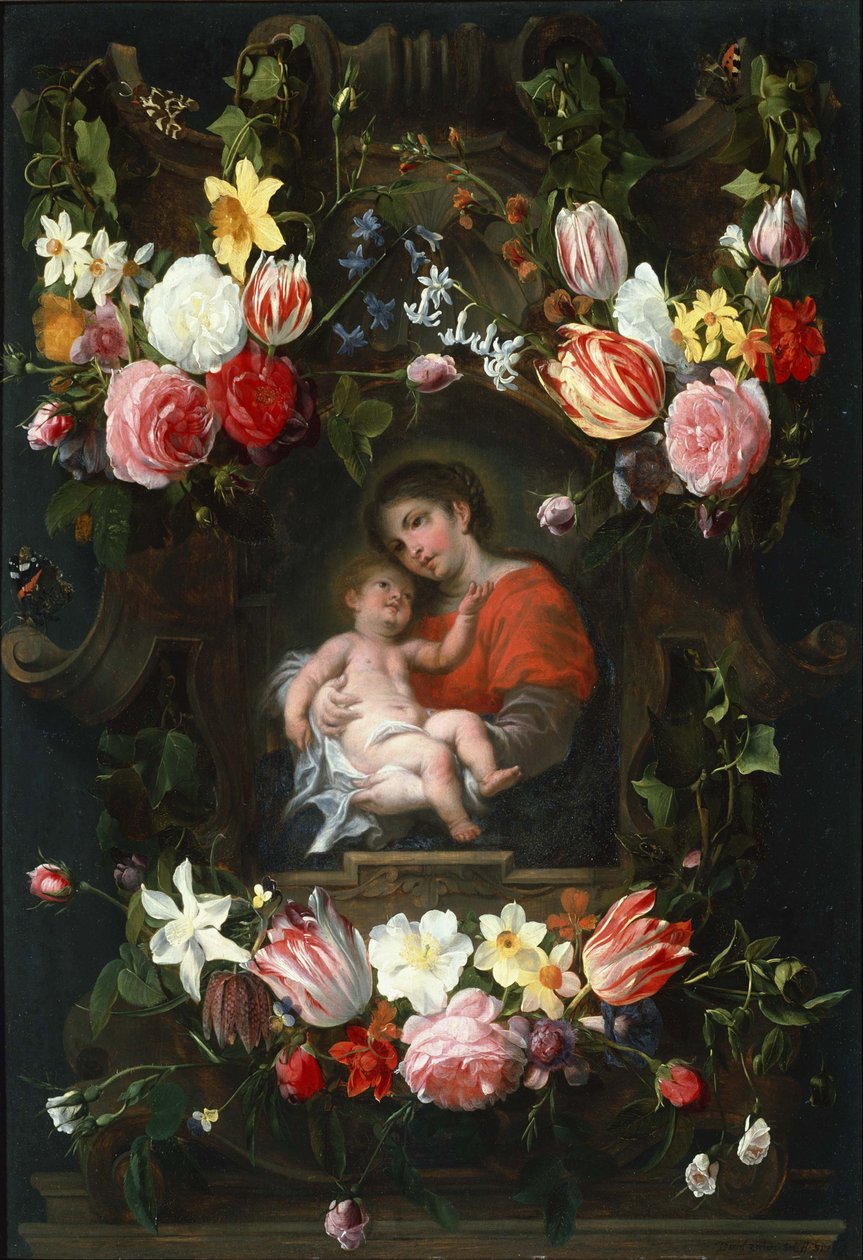 Blomsterkrans med Madonna og barn, første tredjedel af 1600-tallet. af Daniel Seghers