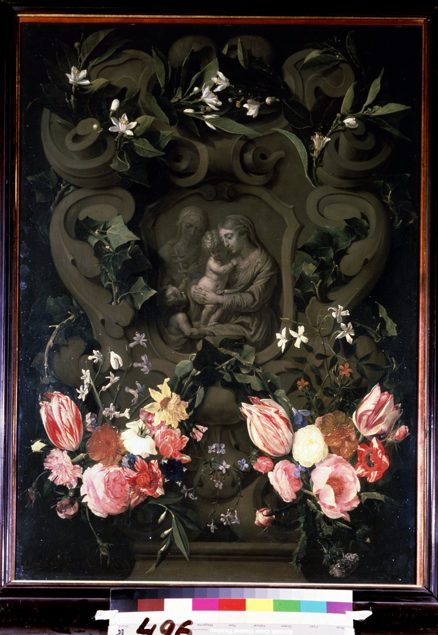 Madonna og barn, Sankt Elisabeth og Johannes Døberen som barn i en blomsterkrans. Maleri af Daniel Seghers (1590-1661). Olie på kobber, 84 x 61 cm af Daniel Seghers