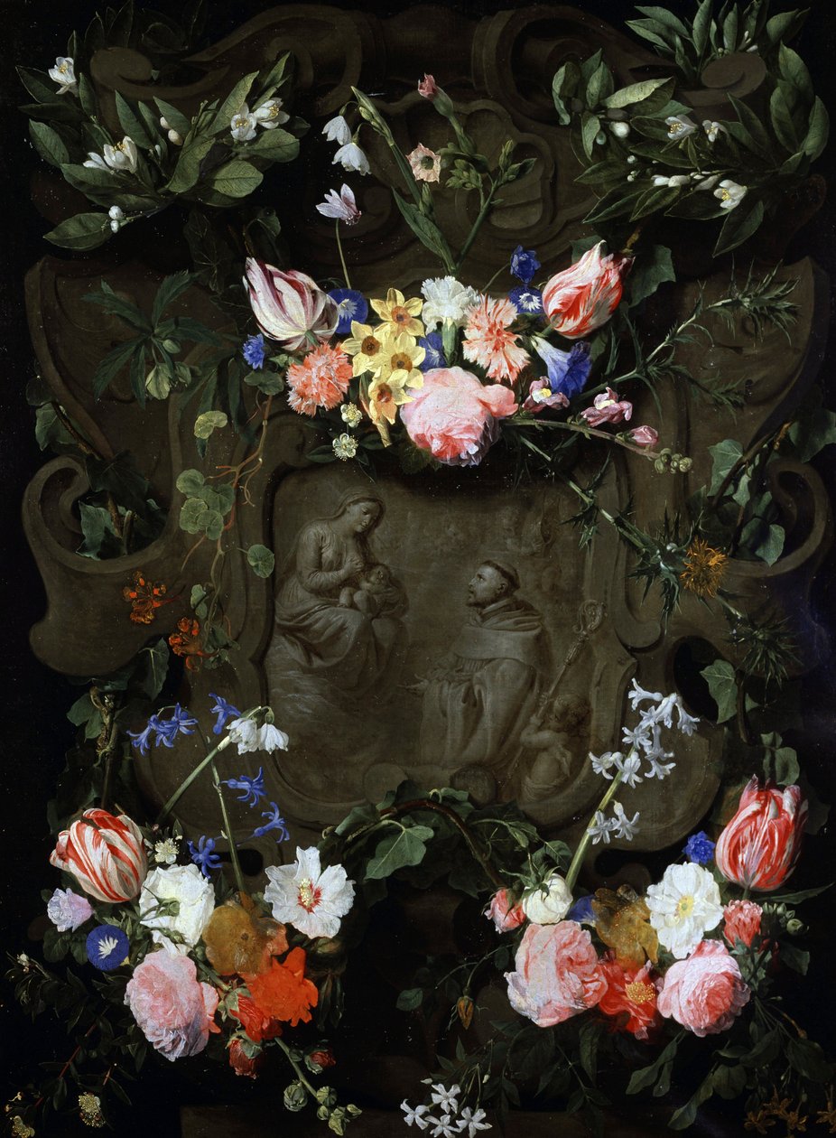 Marmorniche dekoreret med blomster og med en fremstilling af jomfruens tilbedelse. Maleri af Daniel Seghers (1590-1661) Privat samling. af Daniel Seghers