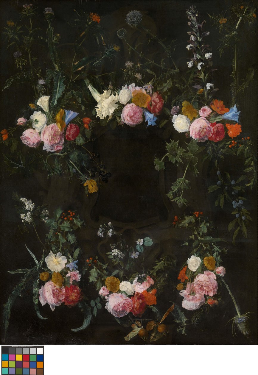 Skulpteret kartouche prydet med blomsterkranse af Daniel Seghers