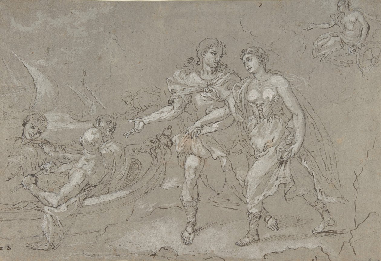The Rape of Helena, verso: Studie af en knælende nøgen mandlig figur, slutningen af det 17.-18. århundrede. af Daniel Seiter