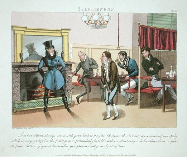 Egoisme, planche 9 fra "The Necessary Qualifications of a Man of Fashion", udgivet 1823 (håndkoloreret akvatint) af Daniel Thomas Egerton
