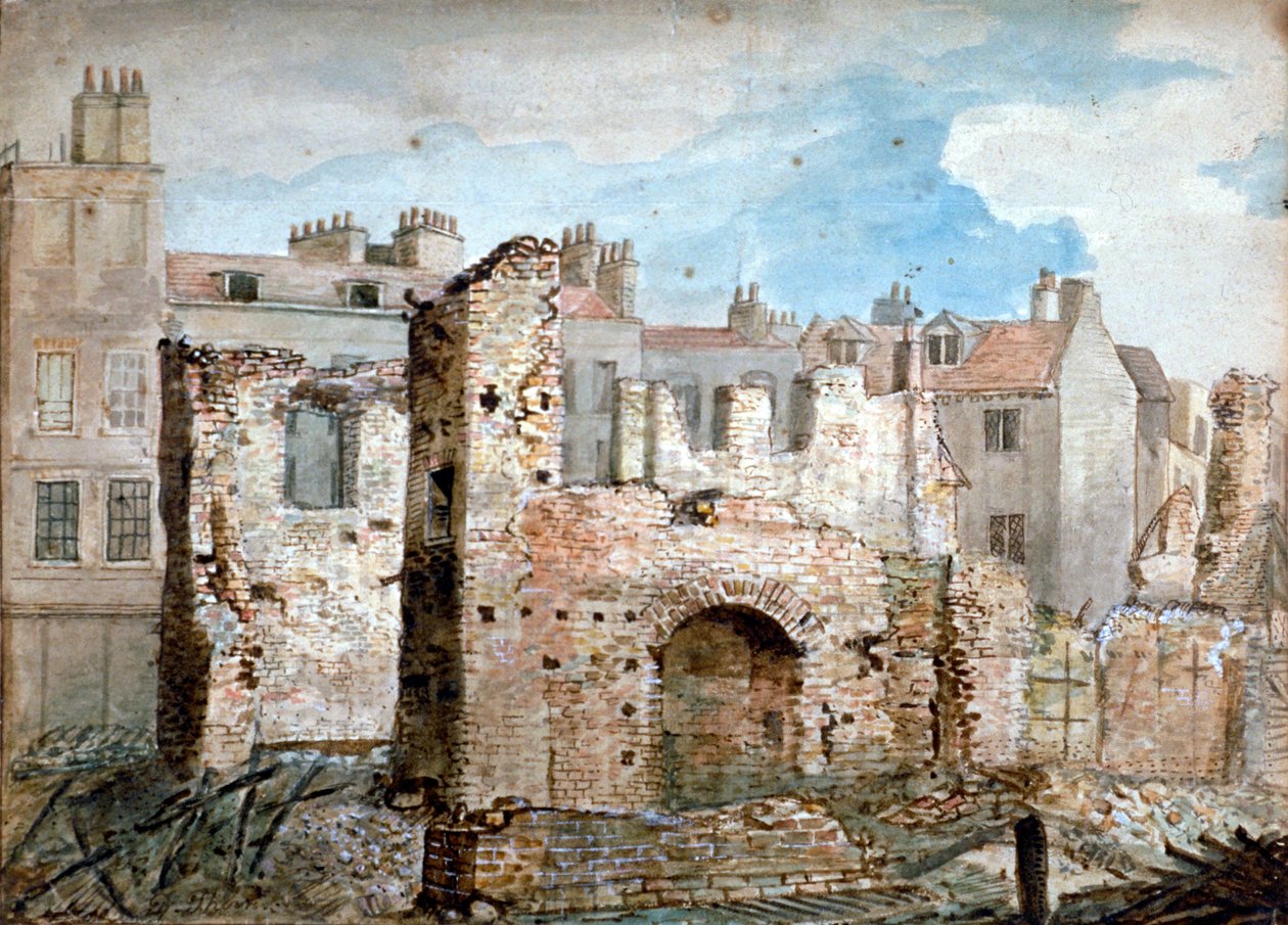 Ruiner af en brandskadet bygning i Bear Yard, Westminster, London, 1809. af Daniel Thorn