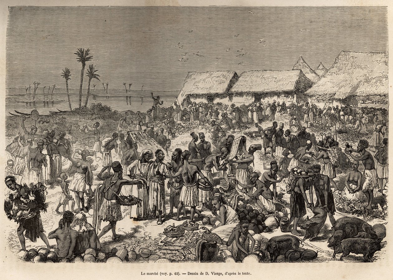 En meget animeret march nær Congo-floden, der samler mere end tre tusinde mennesker, ætset efter en tegning af D.Vierge, der illustrerer David Livingstones sidste dagbog (1813-1873), i 1866-1873, udgivet i "Le tour du monde" 1875, redigeret af Edouar af Daniel Urrabieta Vierge