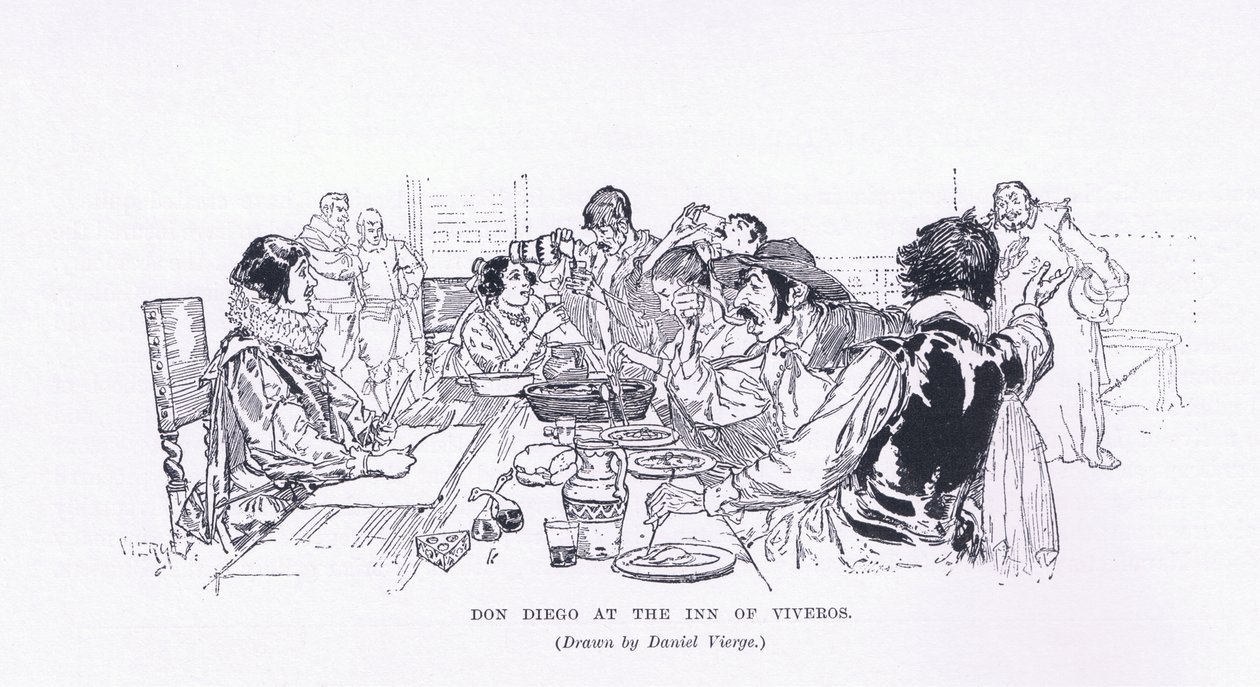 Don Diego på kroen Viveros, fra The Magazine of Art 1893, Cassell and Company af Daniel Urrabieta Vierge