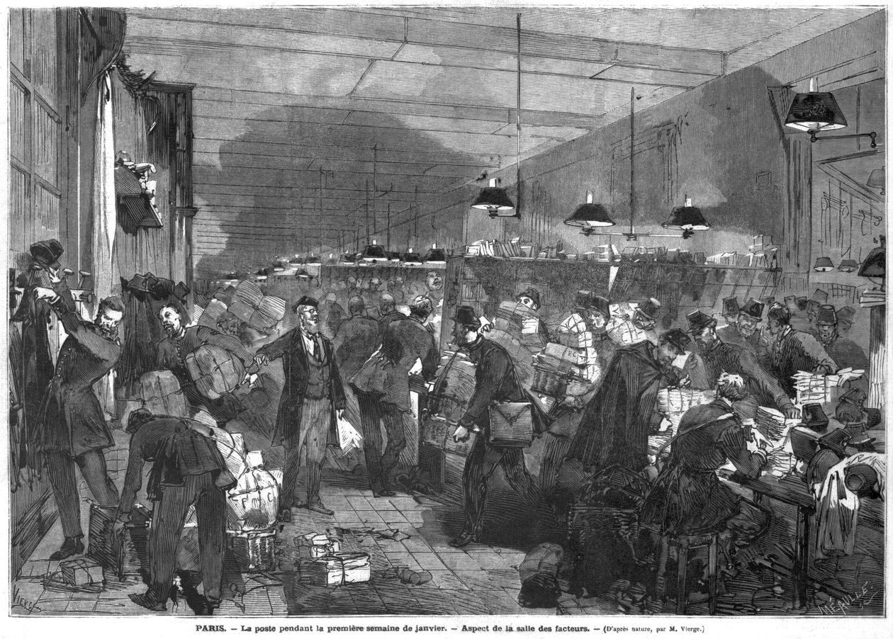 Interiør af Paris postkontor i den første uge af januar, postbudsrummet, indgraveret af Fortune Louis Meaulle (1844-1901) af Daniel Urrabieta Vierge